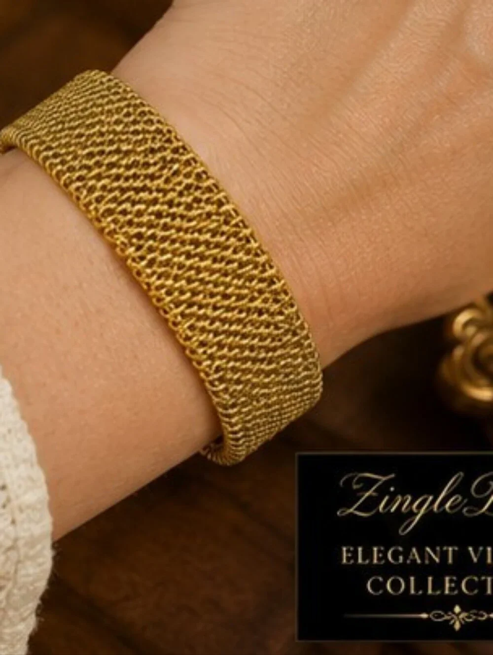 Vintage Gold Tone Wide Mesh Cuff Bracelet Woven Open Bangle Fits Up To 8.5 Inch